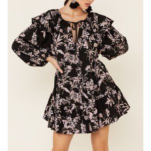 Free People Black and Pink Floral Long Sleeve Dress